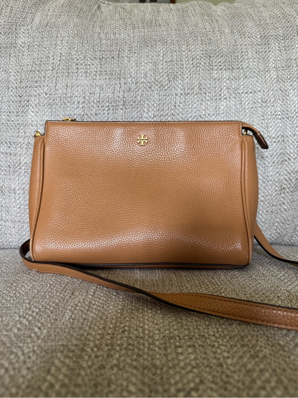 Tory Burch Caramel Pebbled Leather Crossbody with Gold Logo